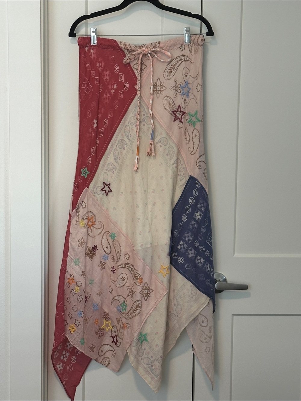 Free People Bohemian Patchwork Bandana Maxi Skirt in Coral, Cream & Navy